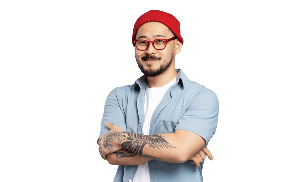 Male-identifying Asian man in read beanie (image)