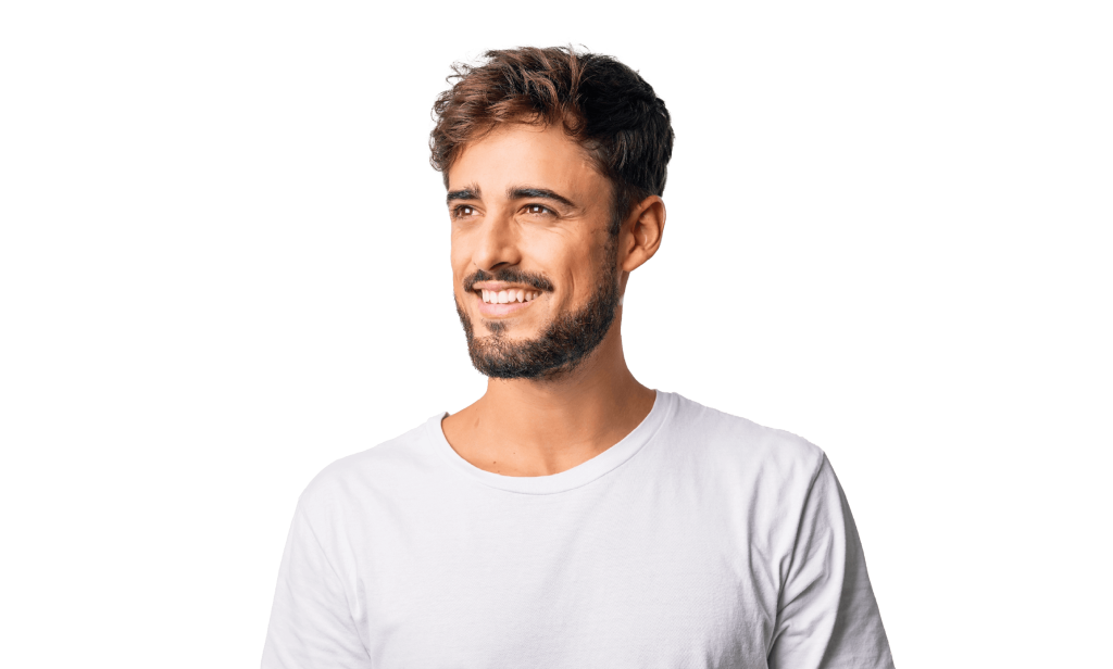Young male in white tee shirt smiling (image)