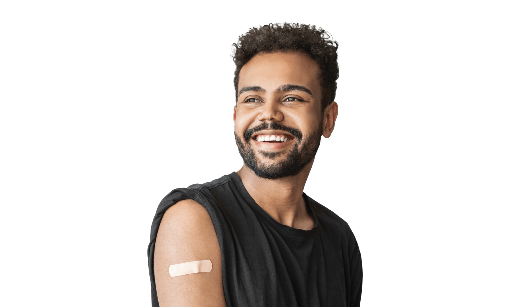 Male-identifying person in black singlet with bandaid on vaccination site (image)