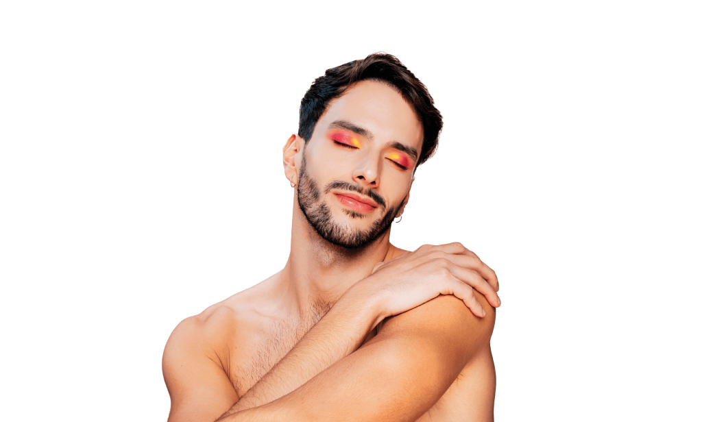Male-identifying person with makeup on and eyes closed (image)