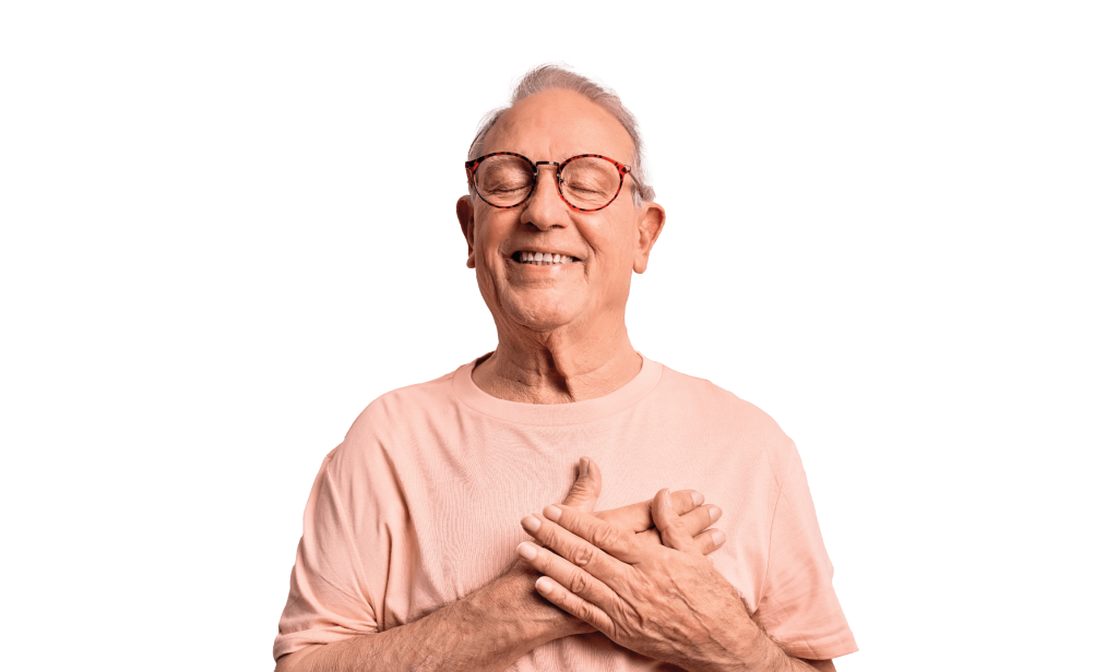 Male-identifying older man with hands over heart (image)